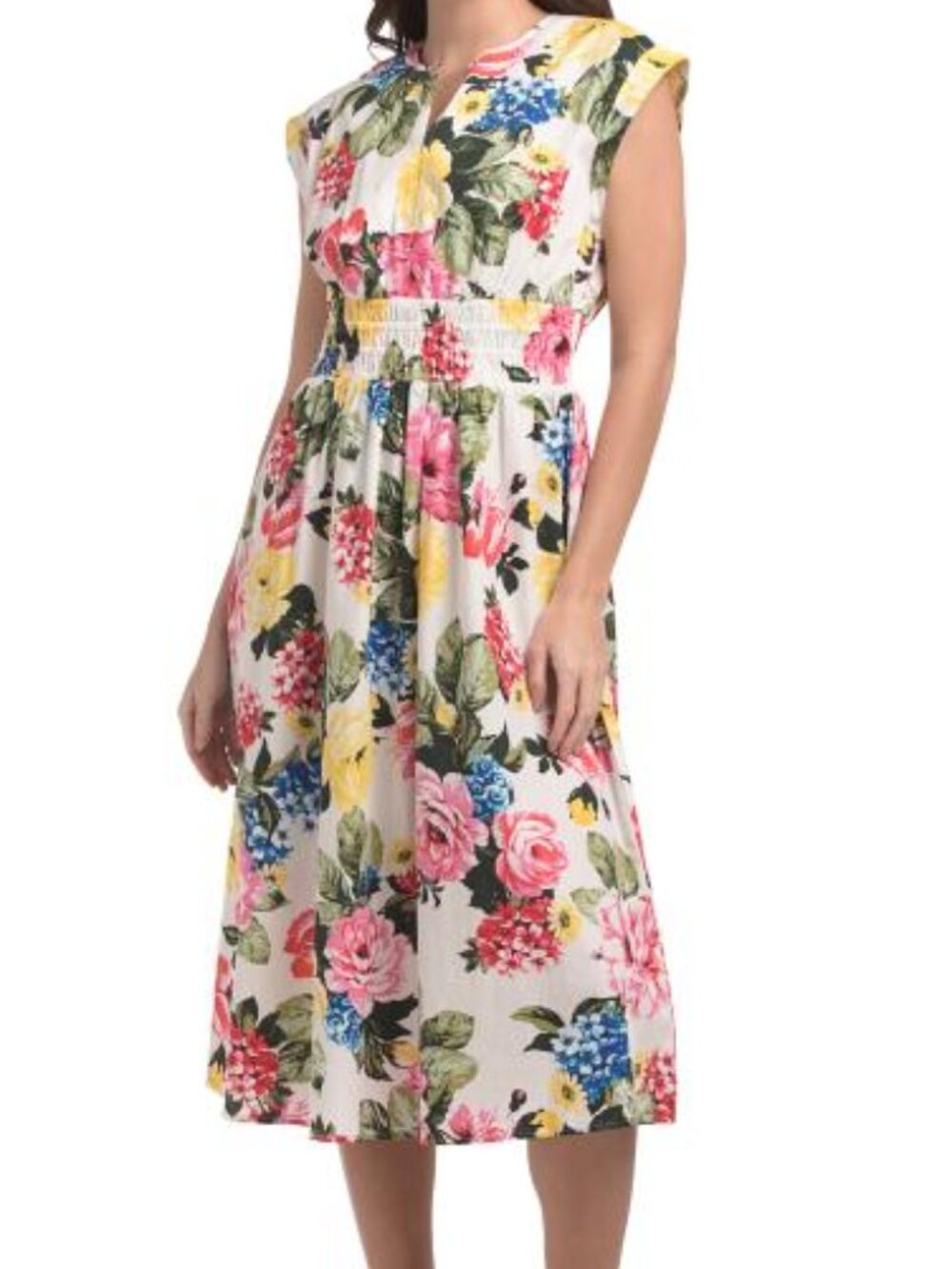 CALVIN KLEIN Triple Smocked Waist Midi Cotton Dress Women's 6 Multi Floral NWT